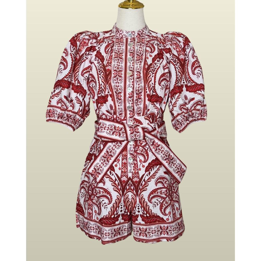NWT FARM RIO Tropical Cameo Romper sz XS 100% Cotton Floral Boho Waist Tie